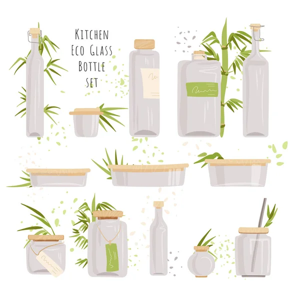 Vectorset van glas Rechthoekige glazen containers - Food Storage Containers met Eco-Friendly Bamboo Lids, Plastic-vrije flessen met Bamboe Tops, kleine keuken bussen en potten. — Stockvector