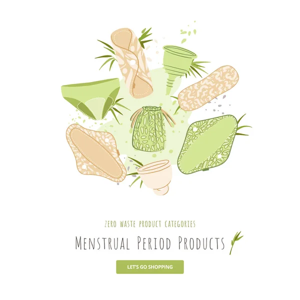 Zero Waste mujer período menstrual vector de dibujos animados conjunto plano para la categoría de producto con productos ecológicos - almohadillas menstruales reutilizables, paños, taza, bolsas de reciclaje de algodón textil . — Archivo Imágenes Vectoriales