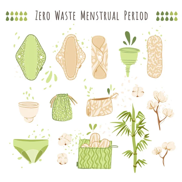 Zero resíduos mulher menstrual período vetor desenho animado conjunto plano com produtos eco-friendly - almofadas menstruais reutilizáveis, Panos, copo, sacos de reciclagem de algodão têxtil . — Vetor de Stock