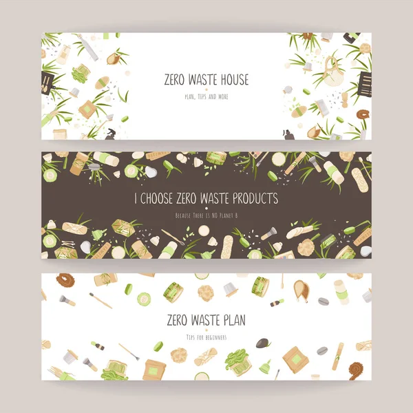 Set of Zero Waste Vector Concept illustration in Minimalism Style, with Reusable and Recycle Zero Waste products - Beauty, Kitchen, personal care and hygiene for ecology friendly advertising — 스톡 벡터