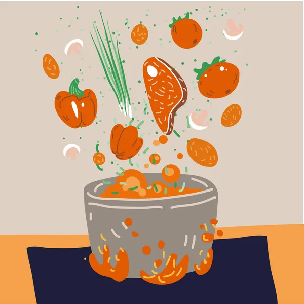 Suppenvektorkonzept erstellen. Topf mit Zwiebeln köstliches Essen auf einem Feuer und alle Zutaten drumherum - Gemüse, Fleisch, Gewürze und Aroma. Professionelles und gutbürgerliches Kochkonzept — Stockvektor