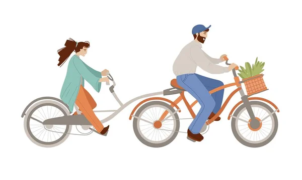 Ilustrasi kartun vektor dari keluarga bahagia mengendarai sebuah roda tetap Co-Pilot Bike Trailer, sepeda dengan dua orang dewasa, wanita dan pria melakukan kegiatan musim panas. Pasangan bahagia di atas sepeda, terisolasi di atas putih - Stok Vektor