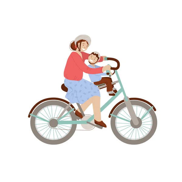 Bonne mère en vélo avec un petit garçon sur le siège de vélo d'enfant avant, siège de porte-bébé. Joyeux famille à vélo, femme et enfant - illustration vectorielle de dessin animé, isolé sur fond blanc — Image vectorielle