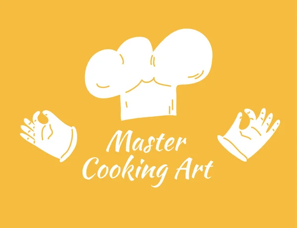 Concepto de cocinero aislado sobre fondo oscuro. Master Cooking Art letras con cocinero sombrero blanco profesional y guantes. Logotipo de cocina educativa, signo y pancarta — Vector de stock