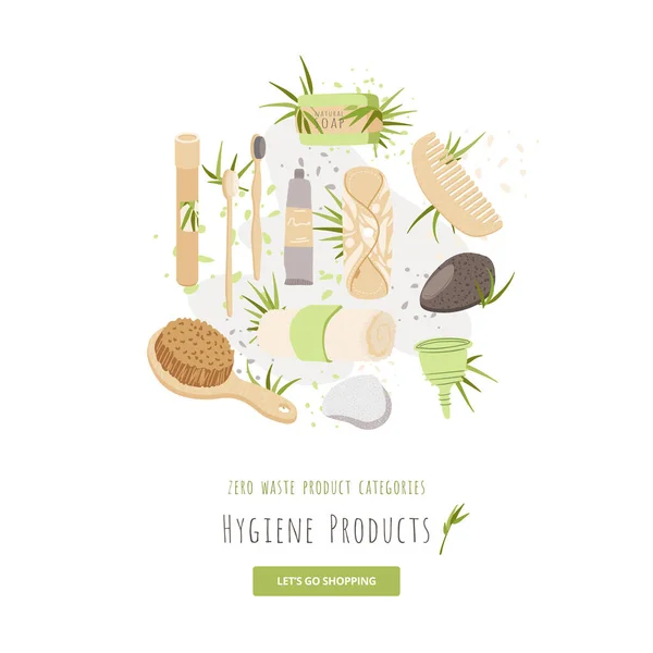 Conjunto vetorial de beleza e higiene Zero Waste Products for product Category illustration. Escova, sabão natural, pacote orgânico, panos menstruais, almofadas e acessórios de maquiagem com bambu, algodão . —  Vetores de Stock