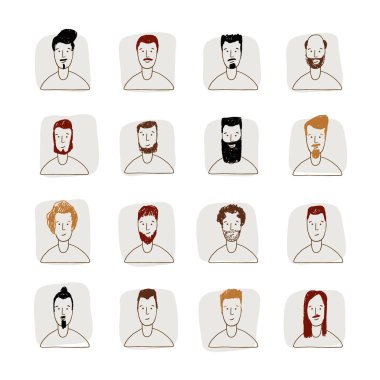 Genç Avatar el çizimi biçim vektör simgesi seti. Erkek Yüzleri ikon tasarım koleksiyonu farklı saç stili, sakal, bıyık. Sosyal medyadaki erkekler için portre avatarları ve saç stili.