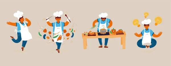 Ilustración de dibujos animados vectorial de hogar y pequeño restaurante hombre cocina conceptos. Crear ideas para cocinar, realizar el proceso de cocción, chef hombre mostrando signo de delicioso, con gesto de aprobación del gusto . — Vector de stock