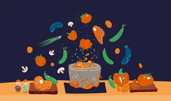 Making soup vector concept. Pot with bulbing delicious food on a fire and all ingredients around it - vegetables, meat, seasonings and Flavoring. Professional and Home cooking concept — Stock Vector