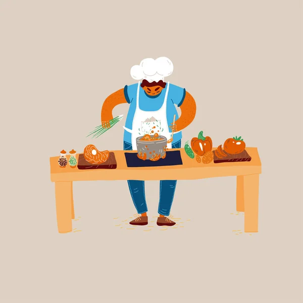 Vector cartoon illustration of home and small restaurant male man cook concepts. Creating Ideas for Cooking, conducting cook process, chef man showing sign for delicious, with taste approval gesture. — Stock Vector