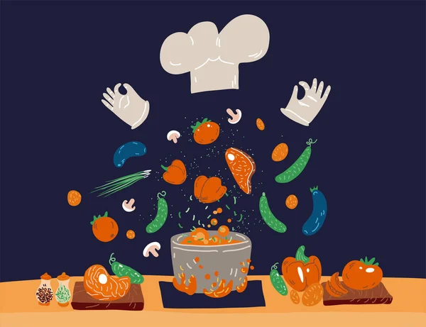 Vector Cartoon niedliches Konzept des professionellen Kochens für kleine Restaurants und Hausmannskost. Weiße Mütze und Handschuhe mit Gemüse, Fleisch - Zutaten für Suppe - Kochvektorkonzept. — Stockvektor