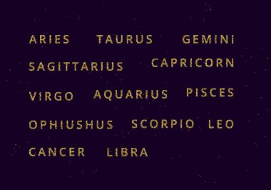 Vector golden Horoscope symbol set. All 13 Horoscope Zodiac sign names collection in shiny golden glitter style with names shining stars. Astrology, astronomy golden vector illustration