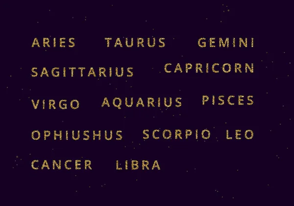 Ensemble de symboles Horoscope vectoriel doré. Les 13 Horoscope Zodiaque signes noms collection dans le style paillettes dorées brillantes avec des noms étoiles brillantes. Astrologie, astronomie illustration vectorielle dorée — Image vectorielle