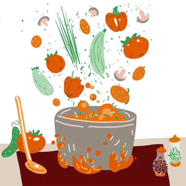 Fazendo conceito de vetor de sopa vegetariana. Panela com bulbos deliciosos vegetais em uma fogueira e todos os ingredientes ao seu redor legumes, verduras, temperos e aromatizantes. Cozinha profissional e caseira . — Vetor de Stock