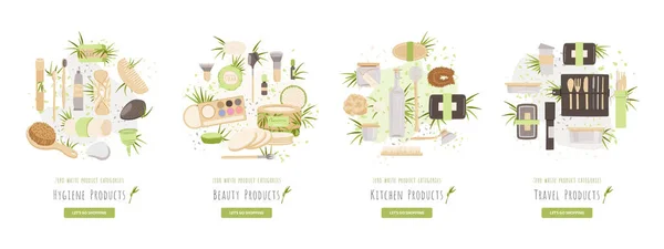 Zero Waste Ecology Product Category Vector Illustration - Travel Products, Beauty and Hygiene, Kitchen and household, House Cleaning Product reusable, recycle goods. — Stock Vector