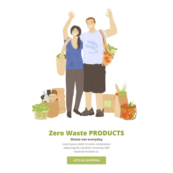 Grupa szczęśliwych ludzi trzymających zero odpadów w rękach - torby, produkty kuchenne i kosmetyczne, i pokazując znak Ok. Zero odpadów Koncepcja stylu życia z grupą ludzi — Wektor stockowy