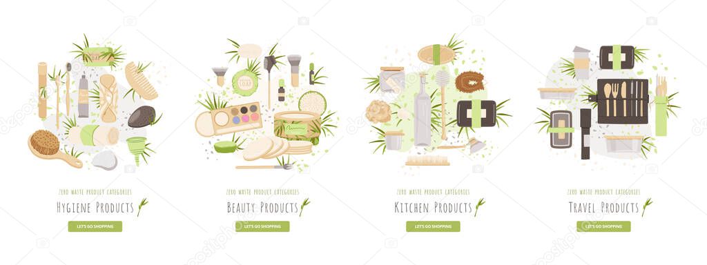 Zero Waste Ecology Product Category Vector Illustration - Travel Products, Beauty and Hygiene, Kitchen and household, House Cleaning Product reusable, recycle goods.