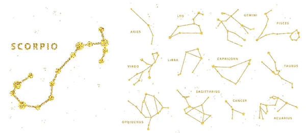 Vector golden and glitter horoscope signs and constellation. Zodiac celestial signs, stylized as shiny sparkle line and dots. Cancer, gemini and other zodiacal sign in one set — Διανυσματικό Αρχείο