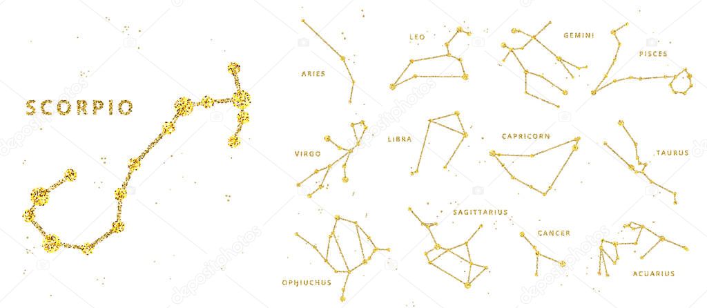 Vector golden and glitter horoscope signs and constellation. Zodiac celestial signs, stylized as shiny sparkle line and dots. Cancer, gemini and other zodiacal sign in one set
