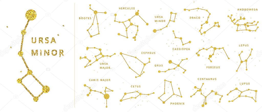 Vector golden and glitter sparkle celestial constellations with names, golden lines and dots as a star. Shiny south and north hemisphere general constellation set.