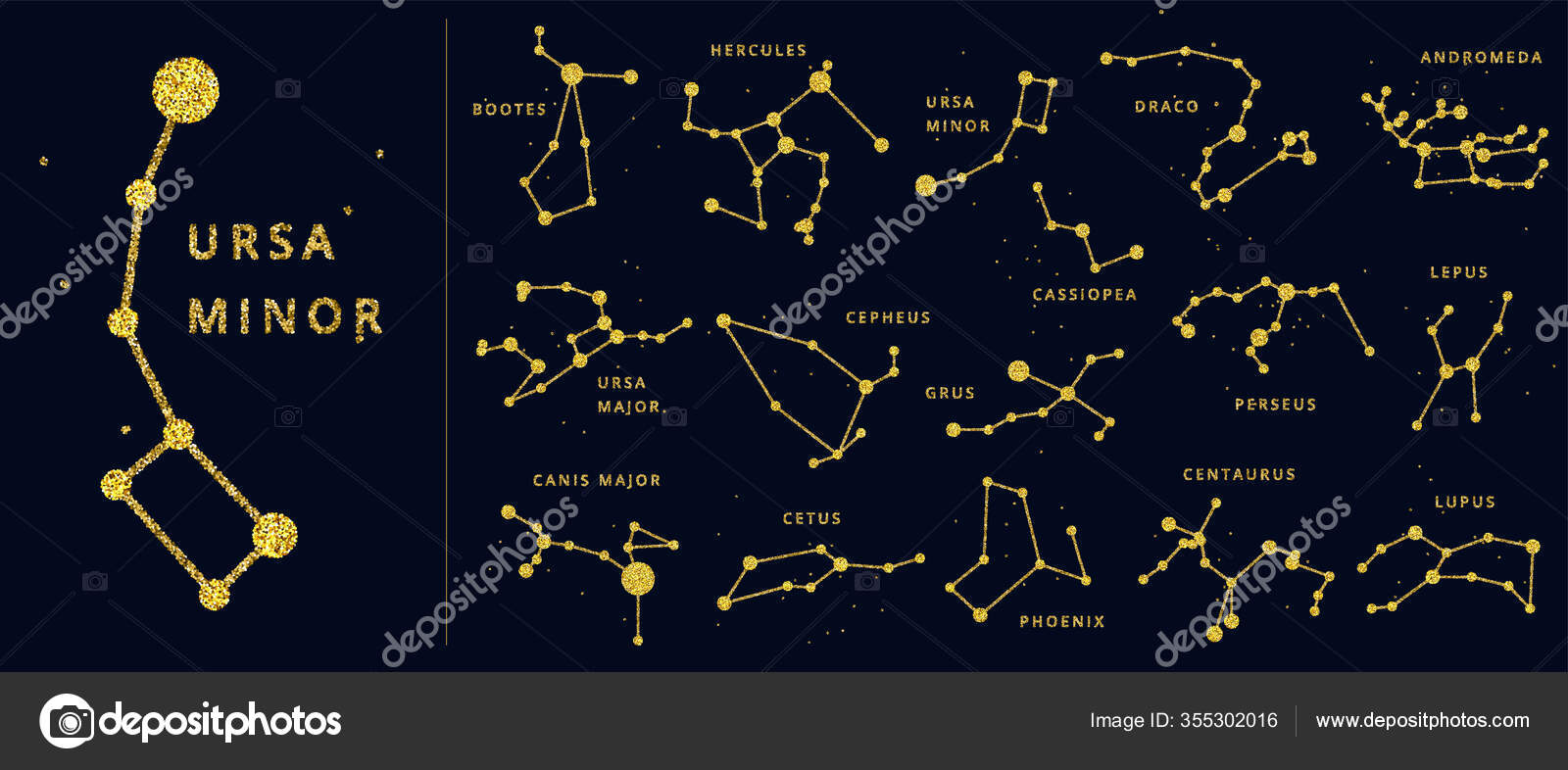 별의 이름, 황금빛 선 및 점들이 있는 희미 한 금빛 및 반짝 이는 천체 성좌들 이다. 샤이니 남극점 과 북반구 일반 별자리 설정.  스톡 벡터 - ©LisaAlisa_ill 355302016, image size:1600x786