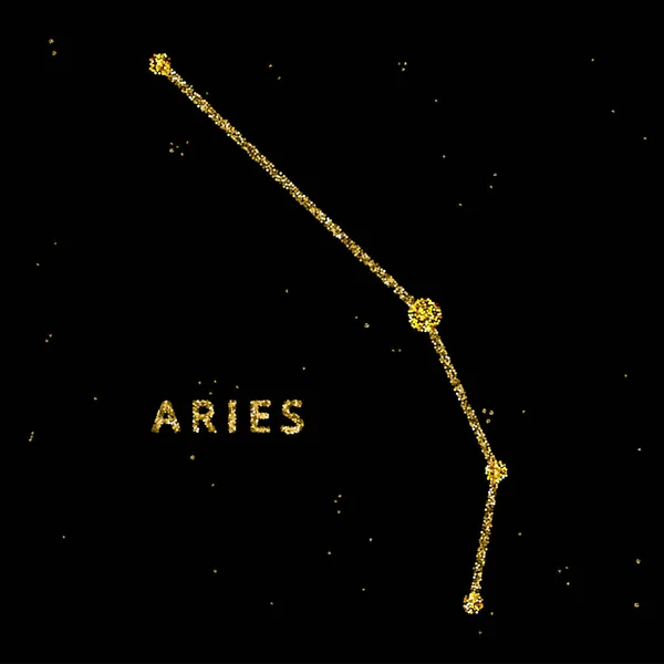 Aries signo do horóscopo do zodíaco, símbolo da astrologia no estilo brilhante dourado brilhando no fundo do céu preto . — Vetor de Stock