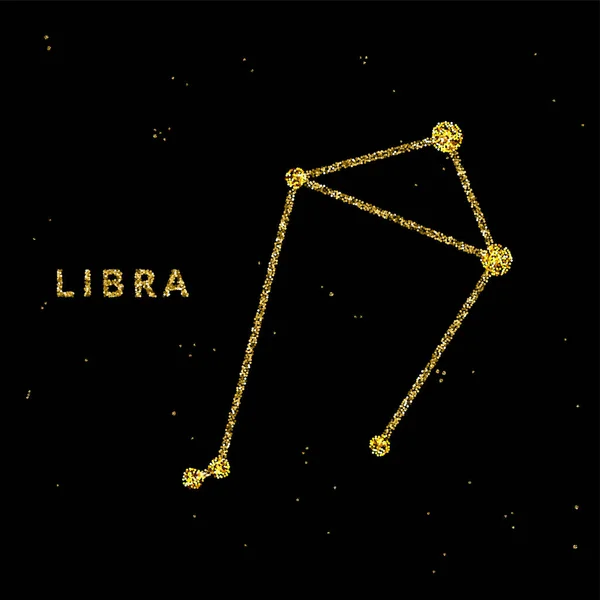 Libra zodiac horoscope sign, astrology simbol in golden shiny glittered style on black sky background. — Stock Vector