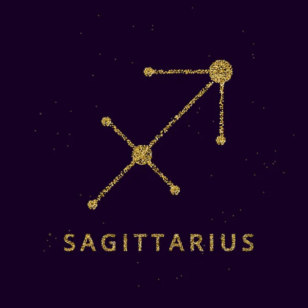 Znak zodiaku Strzelec horoskop, astrologia simbol w złotym błyszczącym stylu na czarnym tle nieba. — Wektor stockowy