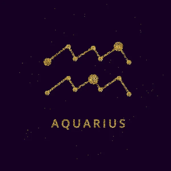 Aquarius zodiac horoscope sign, astrology simbol in golden shiny glittered style on black sky background. — Stock Vector
