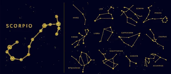Vector de oro y brillo signos horóscopo y constelación. Signos celestiales del zodíaco, estilizados como línea de brillo brillante y puntos. Cáncer, géminis y otro signo zodiacal en un conjunto — Archivo Imágenes Vectoriales