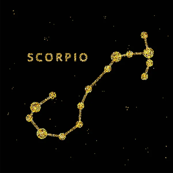 Scorpio zodiac horoscope sign, astrology simbol in golden shiny glittered style on black sky background. — Stock Vector