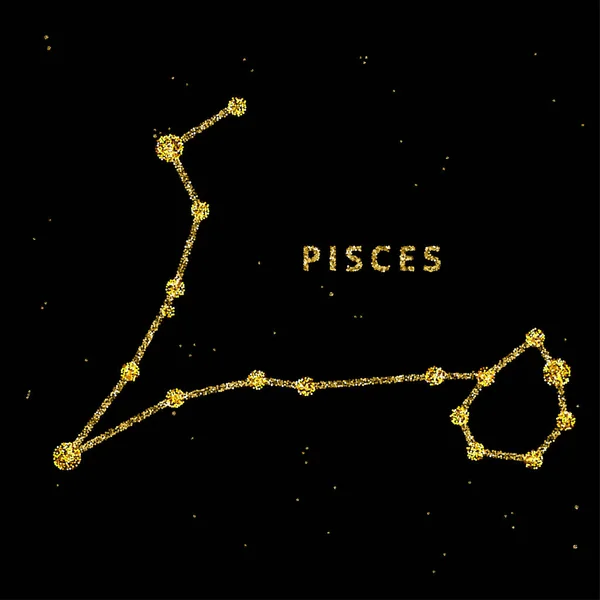 Signo del horóscopo del zodiaco de Piscis, símbolo de la astrología en estilo brillante dorado brillante sobre fondo negro del cielo . — Vector de stock