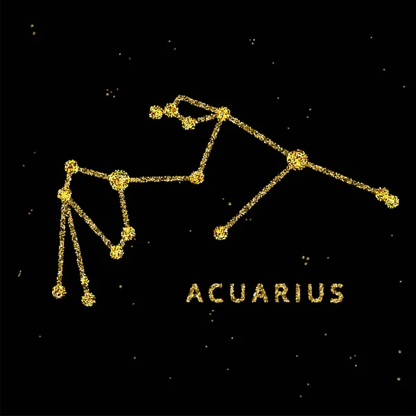 Aquarius zodiac horoskop tecken, astrologi simbol i gyllene glänsande stil på svart himmel bakgrund. — Stock vektor