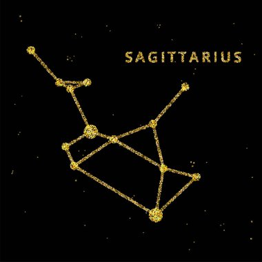 Sagittarius burç burcu, astroloji simgesi. Siyah gökyüzü arka planında altın parıltılı stil..