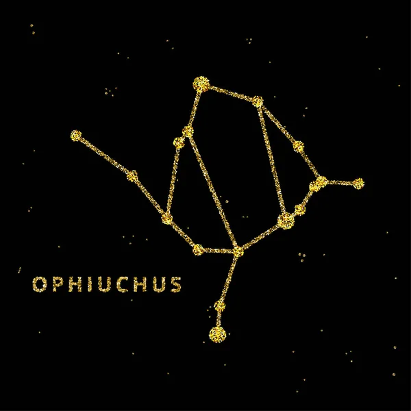 Ophiushus zodiac horoskop tecken, astrologi simbol i gyllene glänsande stil på svart himmel bakgrund. — Stock vektor
