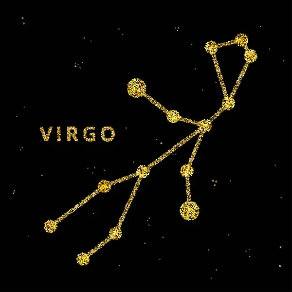 Virgo zodiac horoscoop teken, astrologie simbol in gouden glanzende glanzende stijl op zwarte hemel achtergrond. — Stockvector