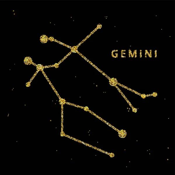 Sinal do horóscopo do zodíaco de Gêmeos, símbolo da astrologia no estilo brilhante dourado brilhando no fundo preto do céu . —  Vetores de Stock