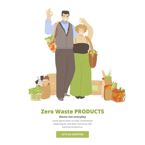 Groupe de personnes joyeuses heureux tenant zéro déchet dans les mains sacs, produits de cuisine et de beauté, et montrant signe OK. Concept Zero Waste Lifestyle avec groupe de personnes — Image vectorielle