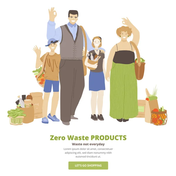 Vector illustration of happy cheerful family of man, woman and two kids, hugging, waving hands, showing OK sign and holding Zero Waste Ecological Products in reusable bags. Eco family concept. — 스톡 벡터
