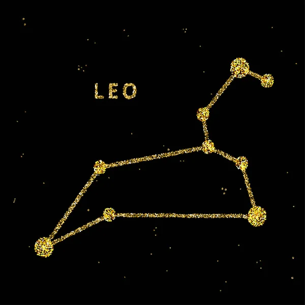 Leo zodiac horoscope sign, astrology simbol in golden shiny glittered style on black sky background. — Stock Vector