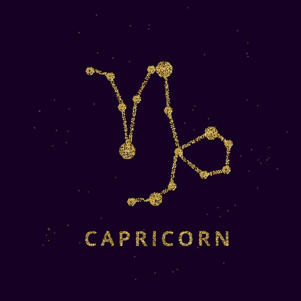 Capricorn zodiac horoscope sign, astrology simbol in golden shiny glittered style on black sky background. — Stock Vector
