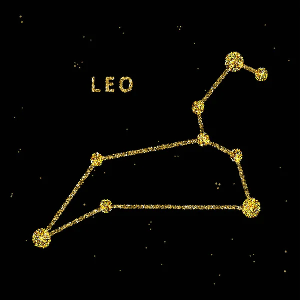 Signo del horóscopo del zodiaco de Leo, símbolo de la astrología en estilo brillante dorado brillante sobre fondo negro del cielo . — Archivo Imágenes Vectoriales