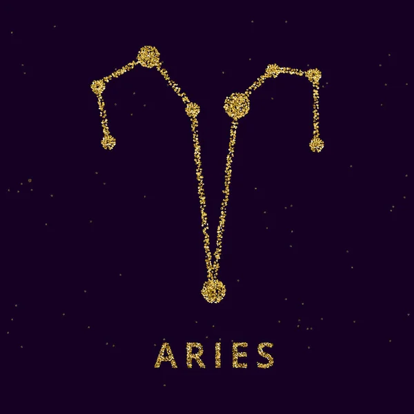 Ariete segno zodiacale oroscopo, simbol astrologia in oro lucido stile scintillante su sfondo cielo nero . — Vettoriale Stock