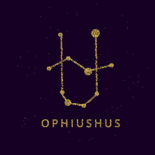 Ophiushus zodiac horoscope sign, astrology simbol in golden shiny glittered style on black sky background. — Stock Vector