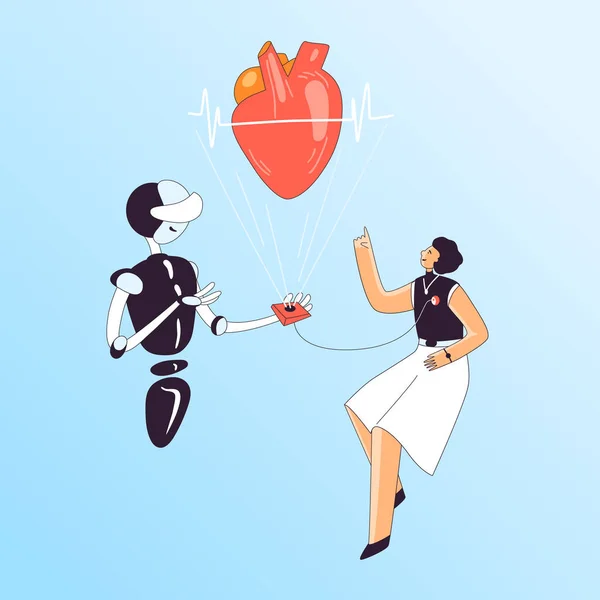 Heart health medical checkup vector illustration - woman with heart sensor and AI cardiologist robot checking cordial health, beats and blood pressure.
