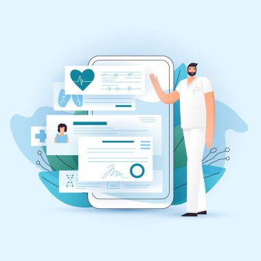 Çevrimiçi RX Tıbbi Reçete ve sağlıkçı akıllı telefon, vektör illüstrasyonunu kontrol ediyor. Doktor telefonda reçeteli uygulamaları, tıbbi testleri ve hasta için teşhisleri gösteriyor. Çevrimiçi tıp kavramı
