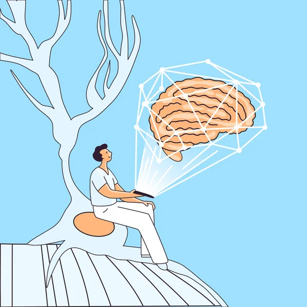 Ilustración vectorial del carácter del hombre, sentado en una sinapsis y haciendo investigación y estudio cerebral actividades cerebrales, salud, tratamiento de enfermedades cerebrales en una tableta moderna con interfaz interactiva — Vector de stock