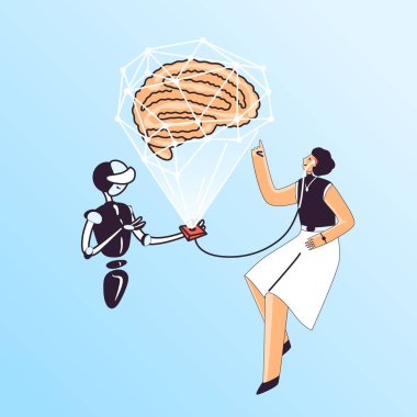 Brain health medical checkup vector illustration - woman with cerebral brain sensor and AI neurologist robot study neuron activity, encephalic disease clipart