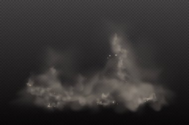 3D Sarı ve Browon Toz Vektör Karanlık Şeffaf Arkaplanda. Hava kirliliğindeki Kirli Bulut Parçacıkları ve Smoke Gog. Şehir Sis, Kirli ve Kirli Havada Patlama Bulutları