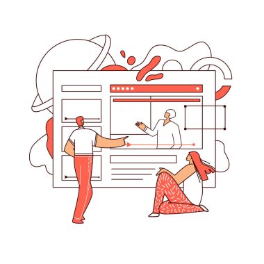 Erkek ve kadın karakterler web sitesinin önünde oturmuş yaratıcı, bilgisayar ve bilim alanlarında eğitim videoları izliyorlar. Soyut elementlerle çevrimiçi eğitim vektörü düz kavramı, çizgi sanatı tarzı