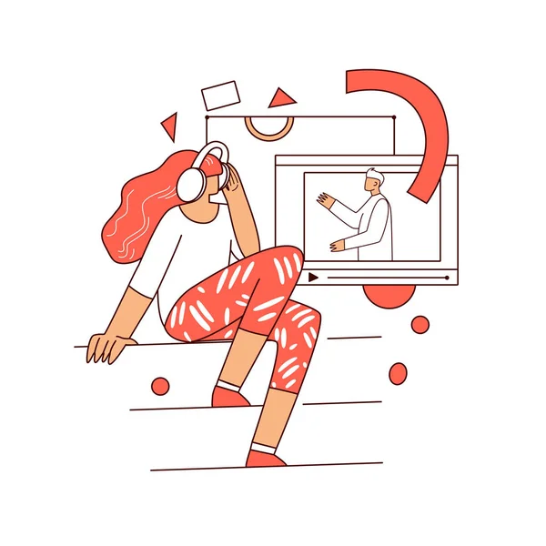 Éducation en ligne, apprentissage sur le concept graphique abstrait vectoriel téléphonique. Fille assise à la maison devant smartphone, tablette, regarder la vidéo éducative. Université en ligne, illustration de cours d'école — Image vectorielle